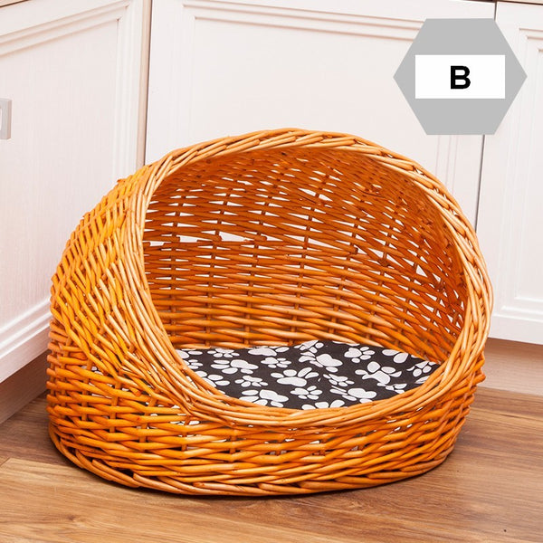 Natural Wicker Cat House Basket with Washable Cushion for Indoor Cats and Dogs, Hand woven Rattan Cat Bed-artworkcanvas