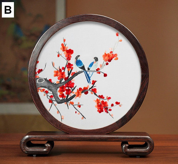 Flower and Bird Embroidery Ornaments, Unique Birthday Gift, Traditional Chinese Suzhou Silk Embroidered Ornament, Premium Souvenir, Exclusive Business Presents-artworkcanvas