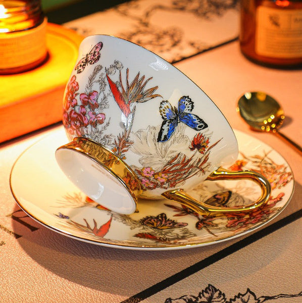 Ceramic Coffee Cups in Gift Box, Butterfly Pattern Porcelain Tea Cup and Saucer Set, British Traditional Afternoon Tea Cup and Saucer Set-artworkcanvas