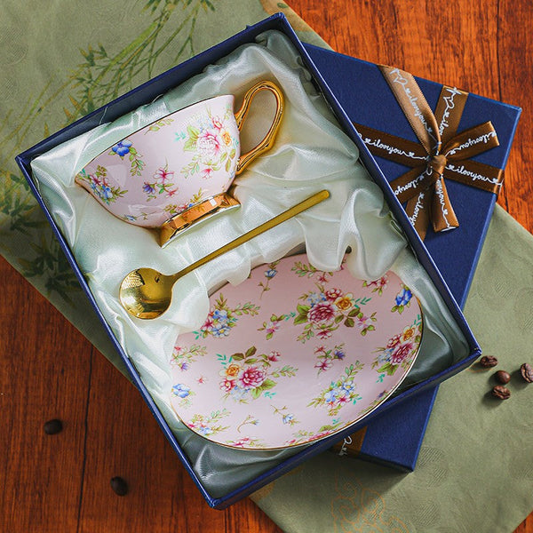 Traditional English Tea Cup and Saucer Set, Ceramic Coffee Cup with Saucer, Floral Porcelain Tea Cup and Saucer Set, Afternoon British Tea Cup with Saucer-artworkcanvas