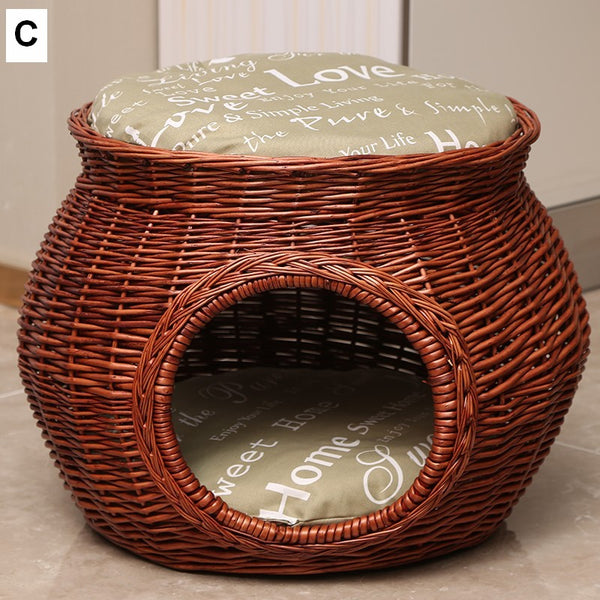 Wicker Cat House Basket with Washable Cushion for Indoor Cats and Dogs, Rattan Cat Bed-artworkcanvas