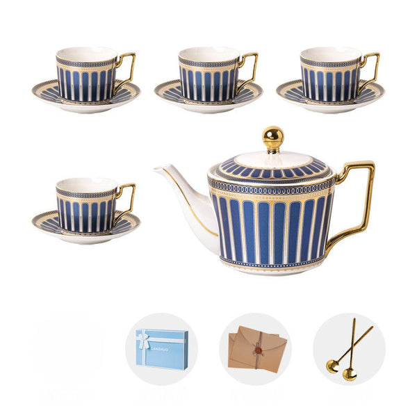 Elegant Blue Ceramic Tea Cup and Saucer Set of 4 cups with Teapot, 7.4 oz Porcelain Tea Cup and Saucer Set, British Tea Cup Set, Modern Blue Coffee Cup with Saucer-artworkcanvas