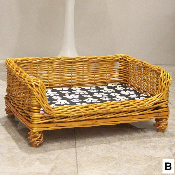 Large Natural Wicker Dog Bed with Washable Cushion for Indoor Cats and Dogs, Hand Woven Rattan Cat Beds-artworkcanvas