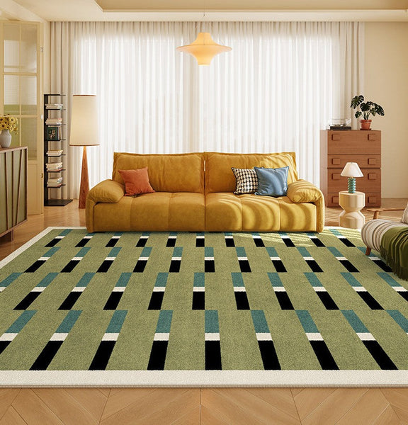 Mid Century Modern Rugs, Green Geometric Contemporary Rugs, Modern Living Room Rug Ideas, Colorful Area Rugs for Dining Room-artworkcanvas