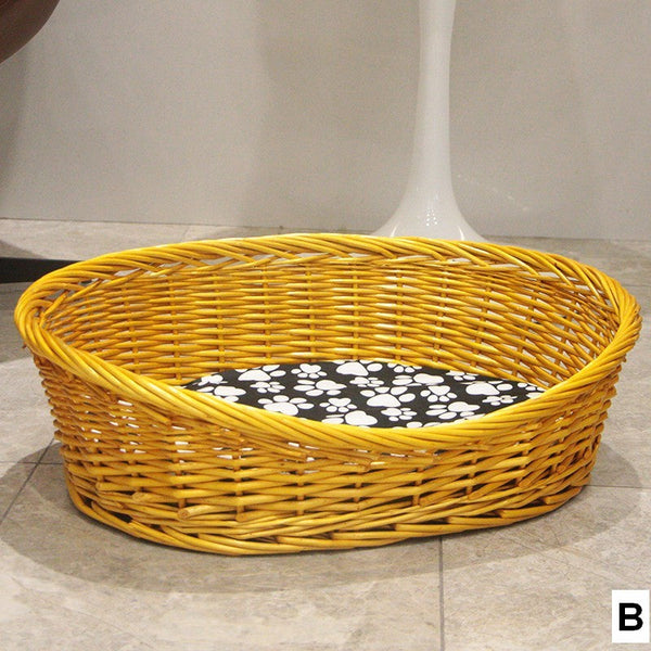 Natural Wicker Dog Bed with Washable Cushion for Indoor Cats and Dogs, Hand woven Rattan Cat Beds-artworkcanvas