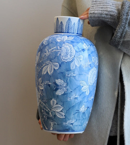 Centerpiece Ceramic Bouquet Vases, Handmade Modern Flower Vase, Large Flower Vases on Dining Table, Blue Porcelain Flower Vases-artworkcanvas