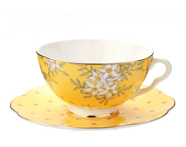 Creative Yellow Ceramic Coffee Cups, Unique Flower Coffee Cup and Saucer, Beautiful British Tea Cups, Creative Porcelain Tea Cup Set-artworkcanvas