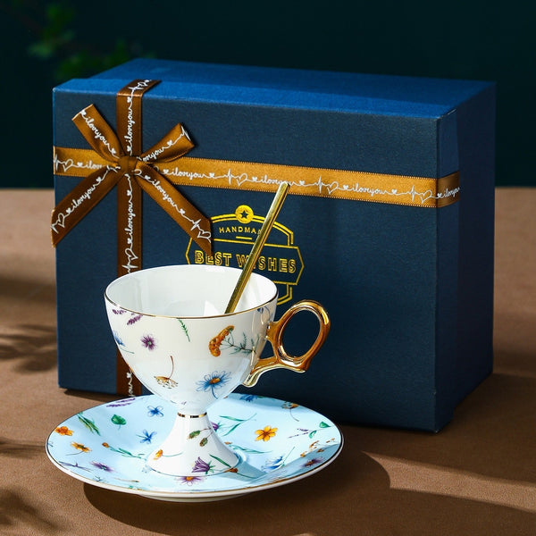 Porcelain Tea Cup and Saucer Set, Flower Ceramic Tea Cup and Saucer, Floral Tea Cup and Saucer Set in Gift Box, Elegant British Ceramic Coffee Cup with Saucer-artworkcanvas
