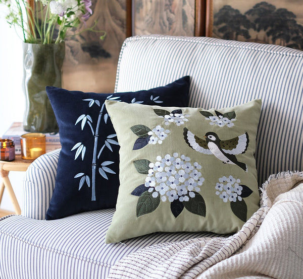 Living Room Decorative Pillows, Embroidered Swallow Birds Cushion, Large Decorative Pillows for Couch, Modern Throw Pillows for Bedroom, Decorative Pillow Arrangement Ideas for Couch-artworkcanvas