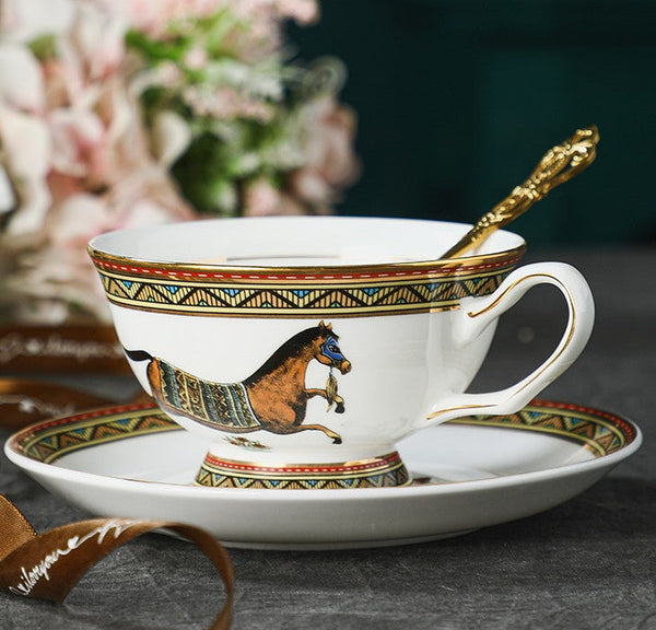 Elegant British Horse Pattern Coffee Cup with Saucer, 7.4 oz Ceramic Tea Cup and Saucer in Gift Box, Porcelain Tea Cup and Saucer Set-artworkcanvas