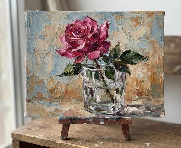 Original Oil Paintings, Impasto Red Rose in Glass Vase, Hand Painted Canvas Art, Original Flower Paintings, Small Canvas Art, Impasto Canvas Artwork