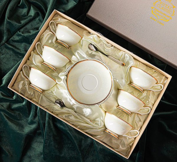 Elegant British Ceramic Coffee Cups, 7.8 oz Porcelain Coffee Cup Set, White Ceramic Cups, Unique Tea Cup and Saucer in Gift Box-artworkcanvas