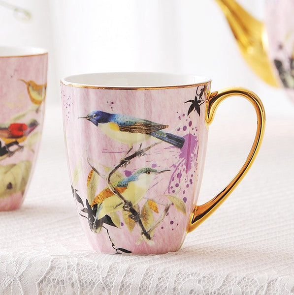 Elegant Pink Ceramic Coffee Mug, Beautiful Bird Flower Ceramic Mug, Large Creative Porcelain Mug, Large Capacity Ceramic Mugs for Office-artworkcanvas