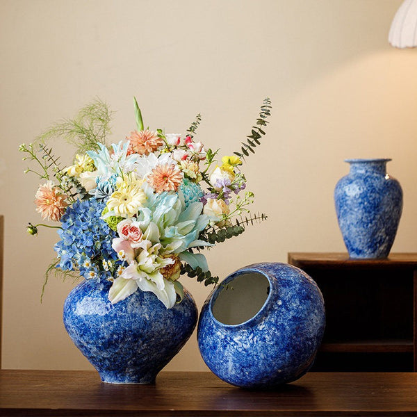Handmade Water Holding Flower Vases, Centerpiece on Dining Table, Blue Pottery Bud Vases, Large Flower Vases on Table, Modern Pottery Flower Vases-artworkcanvas