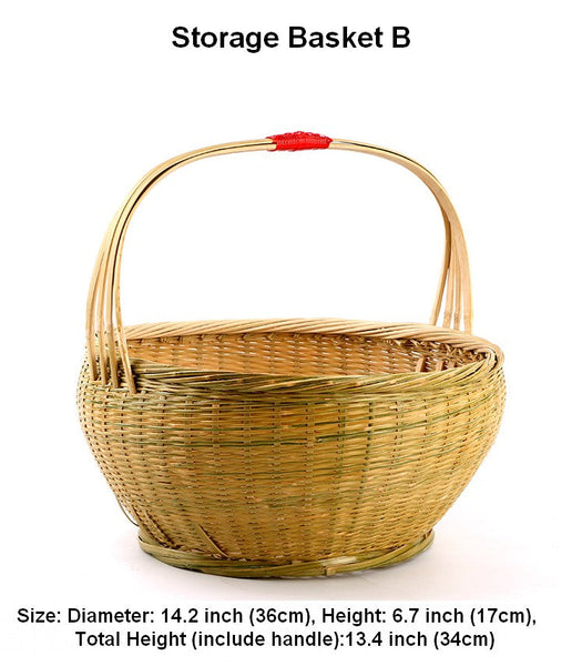 Picnic Food Basket with Handle, Large Natural Hand-woven Bamboo Basket, Natural Fruit Basket Lovely Bamboo Baskets for Vegetable, Kitchen Storage Baskets