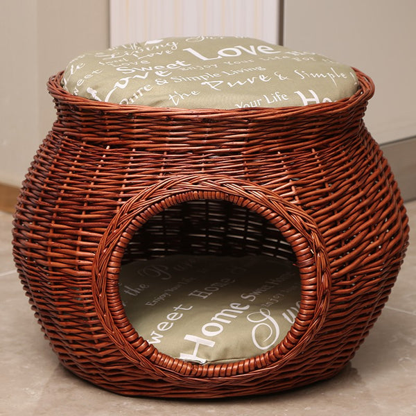 Wicker Cat House Basket with Washable Cushion for Indoor Cats and Dogs, Rattan Cat Bed-artworkcanvas