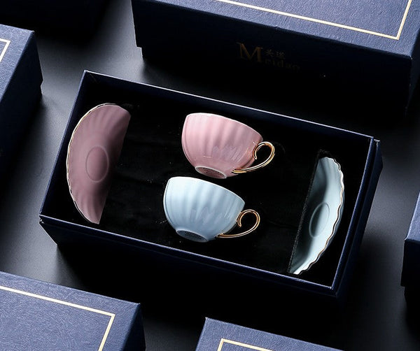 Macaroon Ceramic Coffee Cups, Unique Tea Cups and Saucers in Gift Box as Birthday Gift, Beautiful Elegant British Tea Cups, Creative Bone China Porcelain Tea Cup Set-artworkcanvas