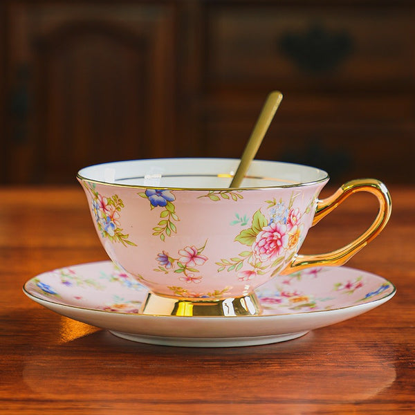 Floral Ceramic Coffee Cup with Saucer Set of 2 Cups, Creative Porcelain Tea Cup Saucer Set, 6.8 oz Tea Cup and Saucer in Gift Box, Beautiful British Tea Cup and Saucer-artworkcanvas
