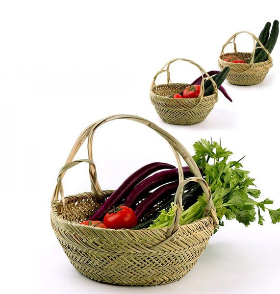 Large Picnic Food Basket with Handle, Natural Hand-woven Bamboo Basket, Lovely Bamboo Baskets for Vegetable, Natural Fruit Basket Kitchen Storage Baskets-artworkcanvas