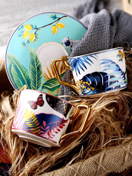 Elegant Tea Cups and Saucers, Jungle Toucan Pattern Porcelain Coffee Cups, Coffee Cups with Gold Trim and Gift Box