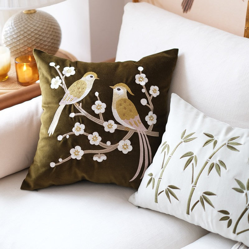 Vintage Decorative Pillows Embroidered Birds Cushion, Boho Throw Pillow For Couch, Rustic Farmhouse Home Decor