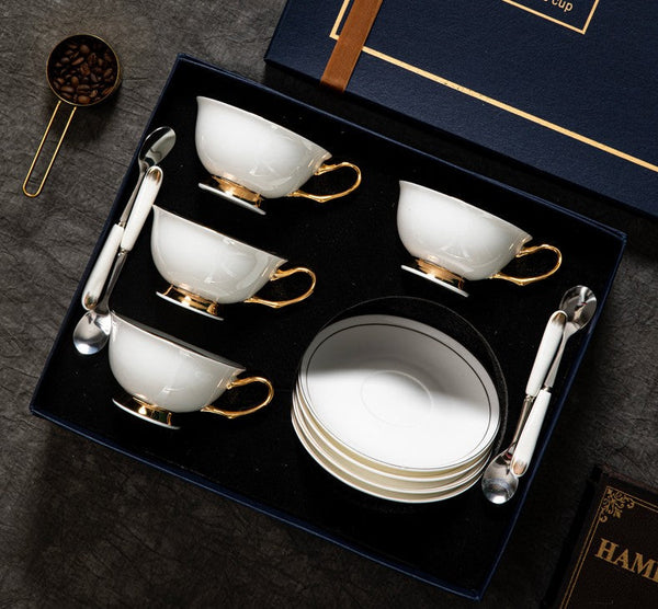Porcelain Tea Cup Saucer Set, White Ceramic Cups, 7.8 oz British Ceramic Coffee Cups, Unique Tea Cup and Saucer in Gift Box-artworkcanvas