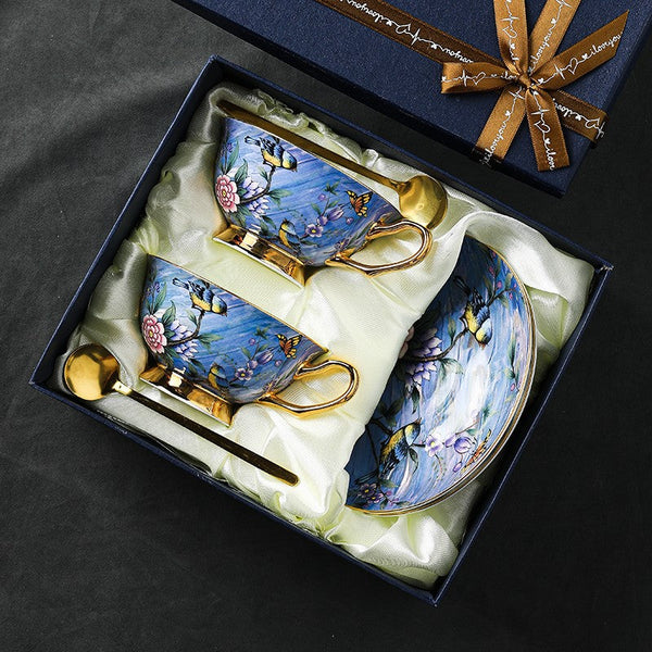 Blue Bird and Butterfly Porcelain Tea Cup Saucer Set, 7.4 oz British Tea Cup and Saucer in Gift Box, Elegant British Ceramic Coffee Cups-artworkcanvas