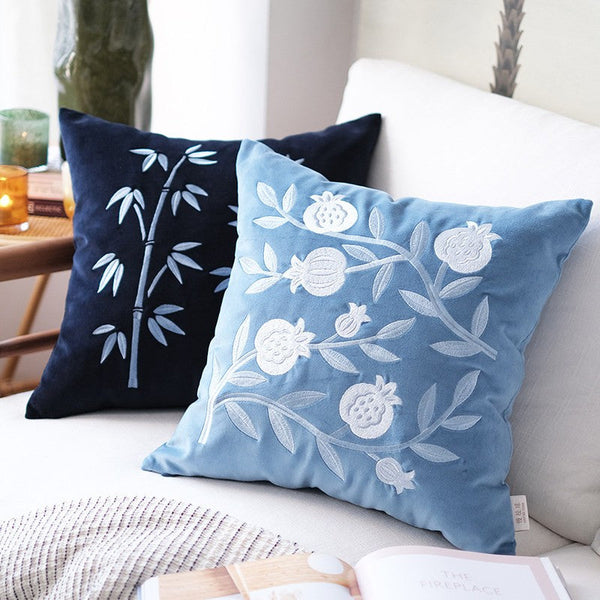 Living Room Decorative Pillows, Blue Embroidered Pomegranate Cushion, Large Decorative Pillows for Couch, Modern Throw Pillows for Bedroom, Decorative Pillow Arrangement Ideas for Couch-artworkcanvas