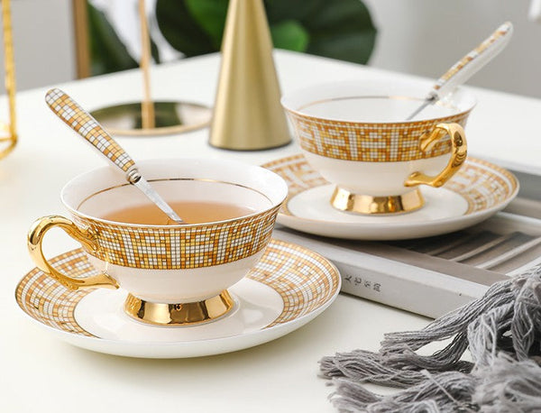 Porcelain Tea Cup Set for Office, Yellow Ceramic Cups, Elegant British Ceramic Coffee Cups, 6.8 oz Tea Cup and Saucer in Gift Box-artworkcanvas