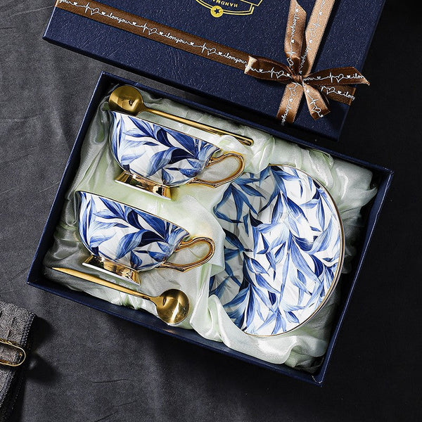 Blue Porcelain Tea Cup Saucer Set, 7.4 oz British Ceramic Coffee Cups, Unique British Tea Cup and Saucer in Gift Box-artworkcanvas