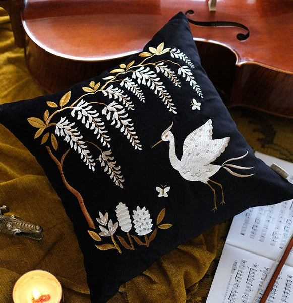 Decorative Pillow Arrangement Ideas for Bed, Embroidered Egret Cushion, Vintage Decorative Pillows, Luxury Decorative Pillows for Couch, Modern Throw Pillows for Couch-artworkcanvas