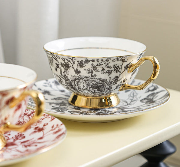 Elegant Flower Ceramic Cups, Unique Royal Coffee Cup and Saucer, Creative Bone China Porcelain Tea Cup Set, Beautiful British Tea Cups-artworkcanvas