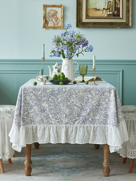 Cotton Rectangle Tablecloth for Dining Room Table, Natural Spring Farmhouse Table Cloth, Blue Flower Pattern Cotton Tablecloth, Square Tablecloth for Round Table-artworkcanvas