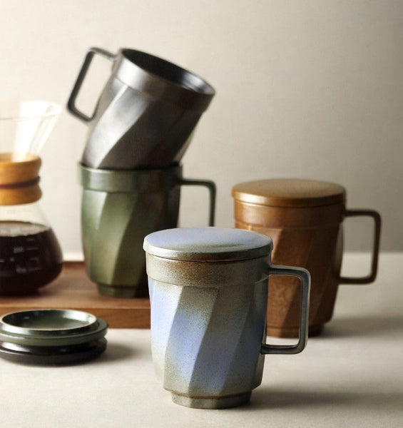 Large Modern Handmade Pottery Coffee Cup, Creative Brown Green Blue Black Ceramic Coffee Mugs, Large Unique Tea Cup, Large Capacity Coffee Mug with Cover-artworkcanvas