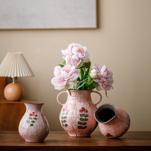 Handmade Water Holding Flower Vases, Rustic Pottery Flower Vases, Small Flower Vases on Table, Pink Bud Vases-artworkcanvas