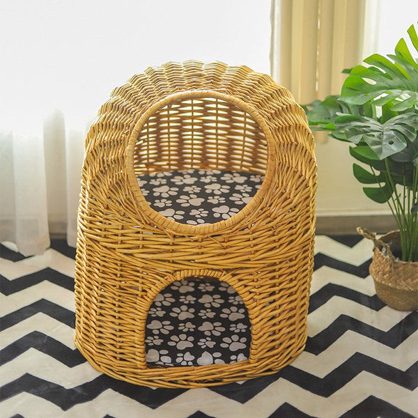 Large Double-Layer Cat Bed, Wicker Cat House Basket with Washable Cushion for Indoor Cats and Dogs-artworkcanvas