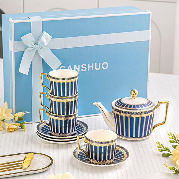 Porcelain Tea Cup and Saucer Set of 4 cups, British Tea Cup Set, 7.4 oz Blue Ceramic Tea Cup and Saucer Set with Teapot, Modern Blue Coffee Cup with Saucer-artworkcanvas