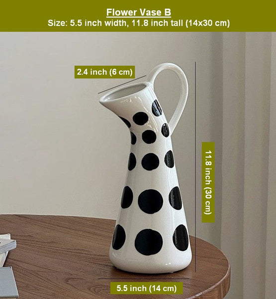 Ceramic Bud Vases, Small Flower Vases on Table, Black and White Polka Dot Flower Vase, Modern Porcelain Flower Vases, Handmade Water Holding Flower Vases-artworkcanvas