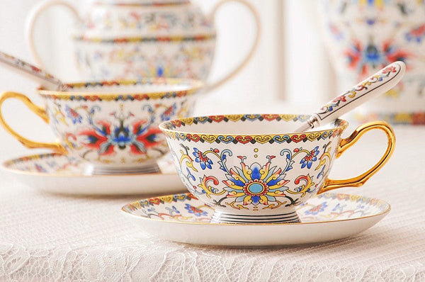 Bohemia Ceramic Coffee Cups, Creative Ceramic Cups, China Porcelain Tea Cup Saucer Set, Unique Traditional Afternoon Tea Cup and Saucer-artworkcanvas