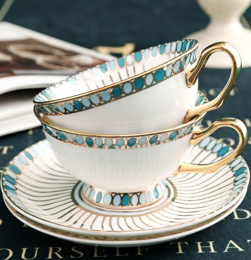 Unique Tea Cup and Saucer in Gift Box, 8 oz British Ceramic Coffee Cups, Porcelain Tea Cup Set for Office, Green Ceramic Cups-artworkcanvas