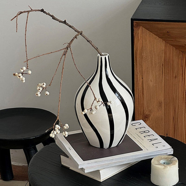 Water Holding Flower Vases, Black and White Striped Ceramic Vase, Porcelain Flower Vases, Modern Flower Vases on Table-artworkcanvas