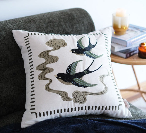 Luxury Decorative Pillows for Couch, Modern Throw Pillows for Couch, Vintage Decorative Pillows, Embroidered Swallow Birds Cushion, Decorative Pillow Arrangement Ideas for Bed-artworkcanvas
