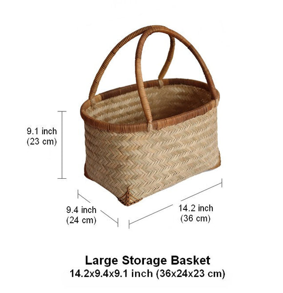 Storage Basket with Handle, Large Kitchen Storage Baskets, Natural Hand-woven Bamboo Storage Basket, Lovely Bamboo Weaving Baskets for Vegetable, Picnic Fruit Storage Baskets-artworkcanvas