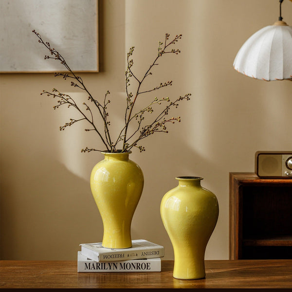 Handmade Water Holding Flower Vase, Yellow Flower Vases on Table, Ceramic Bud Vases, Porcelain Flower Vases-artworkcanvas