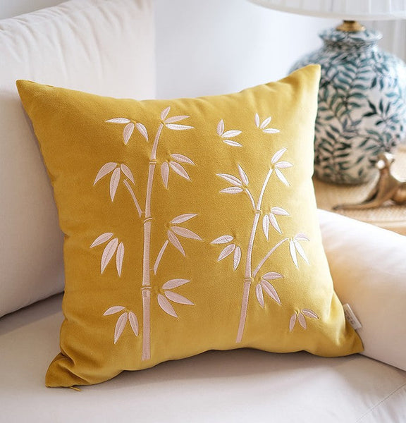 Decorative Pillow Arrangement Ideas for Couch, Large Decorative Pillows for Couch, Modern Throw Pillows for Bedroom, Living Room Decorative Pillows, Yellow Embroidered Bamboo Cushion-artworkcanvas