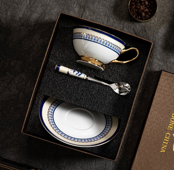 Blue Porcelain Tea Cup Saucer Set, Elegant British Ceramic Coffee Cups, Unique British Tea Cup and Saucer in Gift Box-artworkcanvas