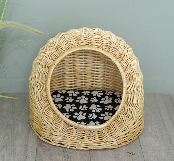 Natural Wicker Cat House Basket with Washable Cushion for Indoor Cats and Dogs, Rattan Cat Bed-artworkcanvas
