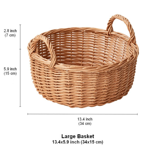 Picnic Fruit Basket with Handle, Kitchen Storage Baskets, Natural Hand-woven Wicker Round Storage Basket, Lovely Willow Weaving Baskets for Vegetable, Natural Fruit Storage Basket-artworkcanvas