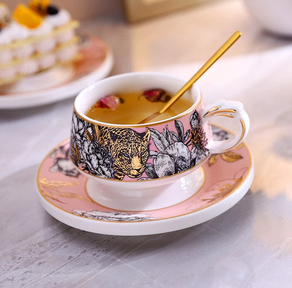 Creative Ceramic Tea Cup and Saucer, Jungle Tiger Cheetah Porcelain Coffee Cups, Unique Ceramic Cups with Gold Trim and Gift Box-artworkcanvas