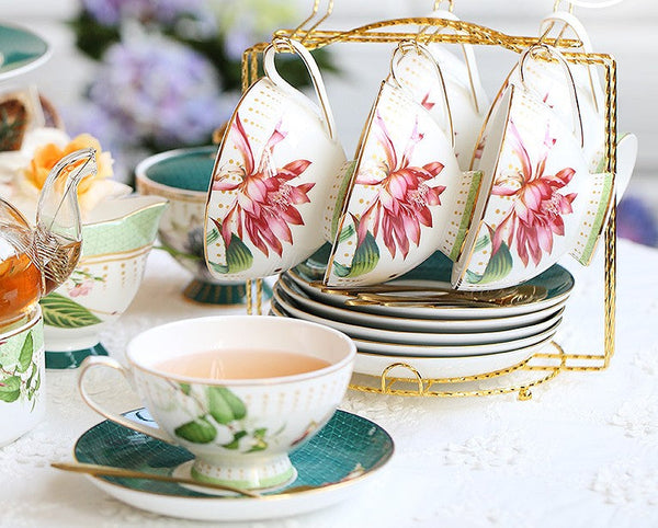 Lotus Flower Porcelain Tea Cup Saucer Set, Elegant Ceramic Coffee Cups, Beautiful British Tea Cups, Traditional English Tea Cup and Saucer-artworkcanvas